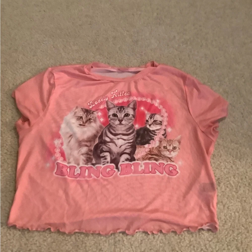 Shein Curve Romwe Pink Sheer Ruffle Edge BabyDoll Crop Kitten Cats Shirt 1X plus